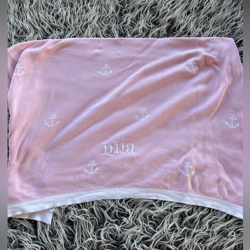 Pottery Barn Kids Pink  White Reversible Knit Anchor Nautical Baby Blanket Mia